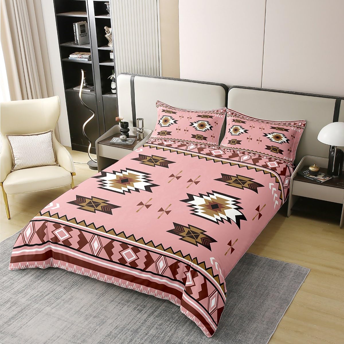 Bohemian Geometric 100 Percent Cotton Duvet Cover,Indian Theme Aztec Bedding Set,Ethnic Tribal Arrow Comforter Cover,Western Country Style Bed Sets with 1 Pillowcase Single Bedroom Decor,Pink - Image 2
