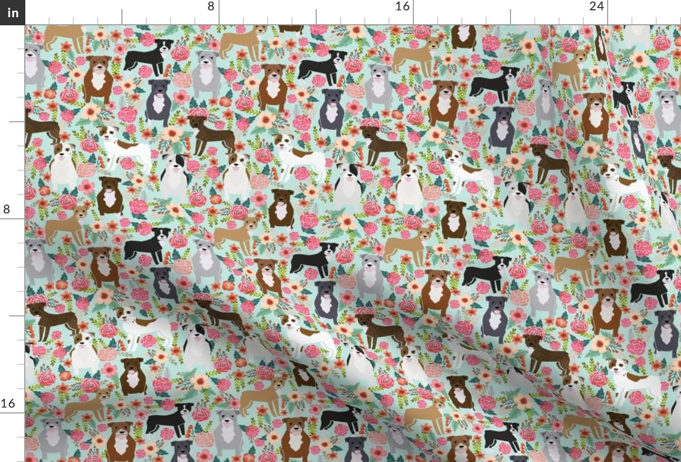 Spoonflower Fabric - Floral, Pitbull Terriers, Cute, Dogs, Dog, Sweet, Animals, Florals, Printed on Satin Fabric by The Yard - Sewing Lining Apparel Fashion Blankets Decor