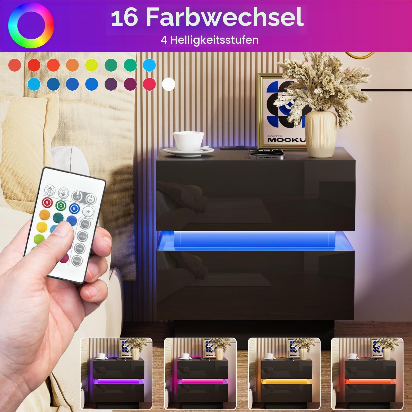Nachttisch mit Steckdose, 2 AC Steckdosen, 2 USB-Anschlüsse, Nachtschrank 16 Farblicht, Beistelltisch mit Verstellbarer LED-Beleuchtung, 2 Schublade Hochglanz, Modern 45x35x46cm