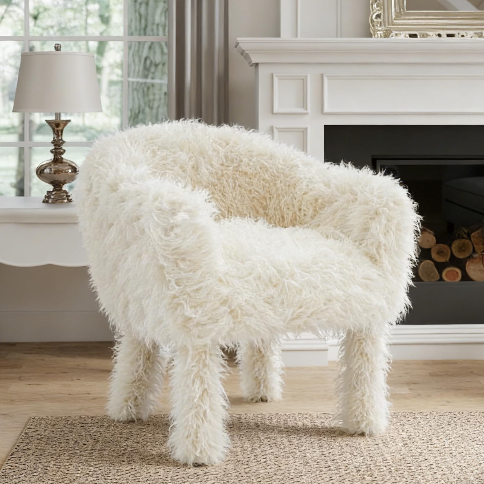 Modern Faux Fur Accent Chair with Solid Wood Frame, Comfy Living Chair, Cozy Furry Lounge Chair, Upholstered Armchair for Living Room, Bedroom, Vanity, Reading Nook (Ivory)