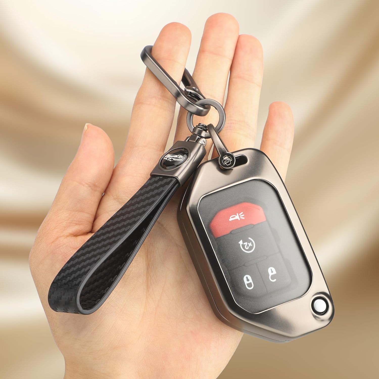 for Jeep Key Fob Cover with Keychain, Metal Frame and Leather Key Shell Full Protector Fit for 2020 2021 Gladiator JT Sahara JLU 2018-2021 Wrangler JL JLU Rubicon Smart Key, Black
