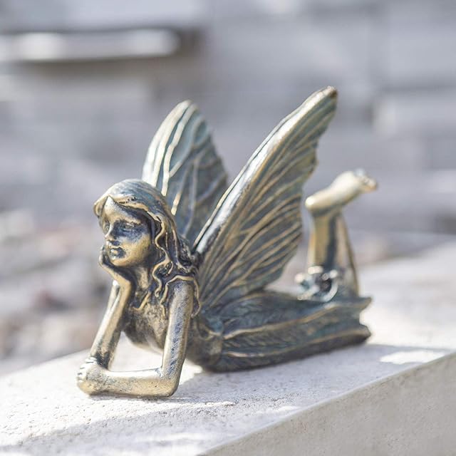 garden mile Laying Fairy Statue Outdoor Garden Ornaments - Winged Angel Fairies Statue Resin Figurine for Patio, Decor, Home Decoration, Bronze Effect Statue