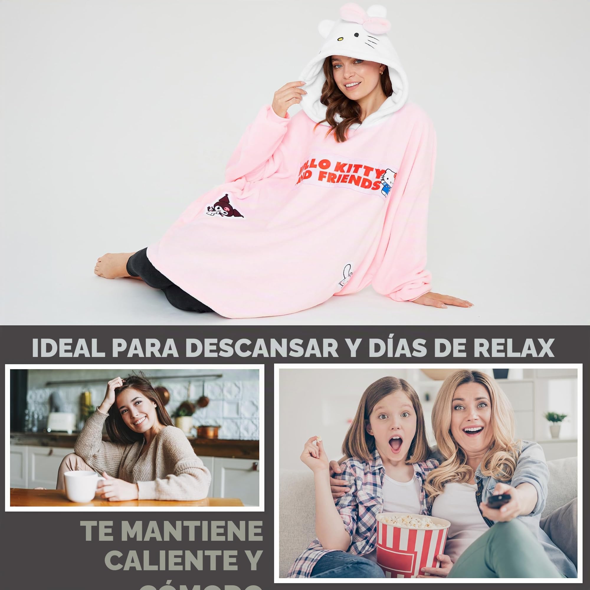 Hello Kitty Sanrio Sudadera Oversize Mujer y Adolescentes, Batamanta Polar con Capucha y Bolsillos, Ropa de Casa Regalo Mujer