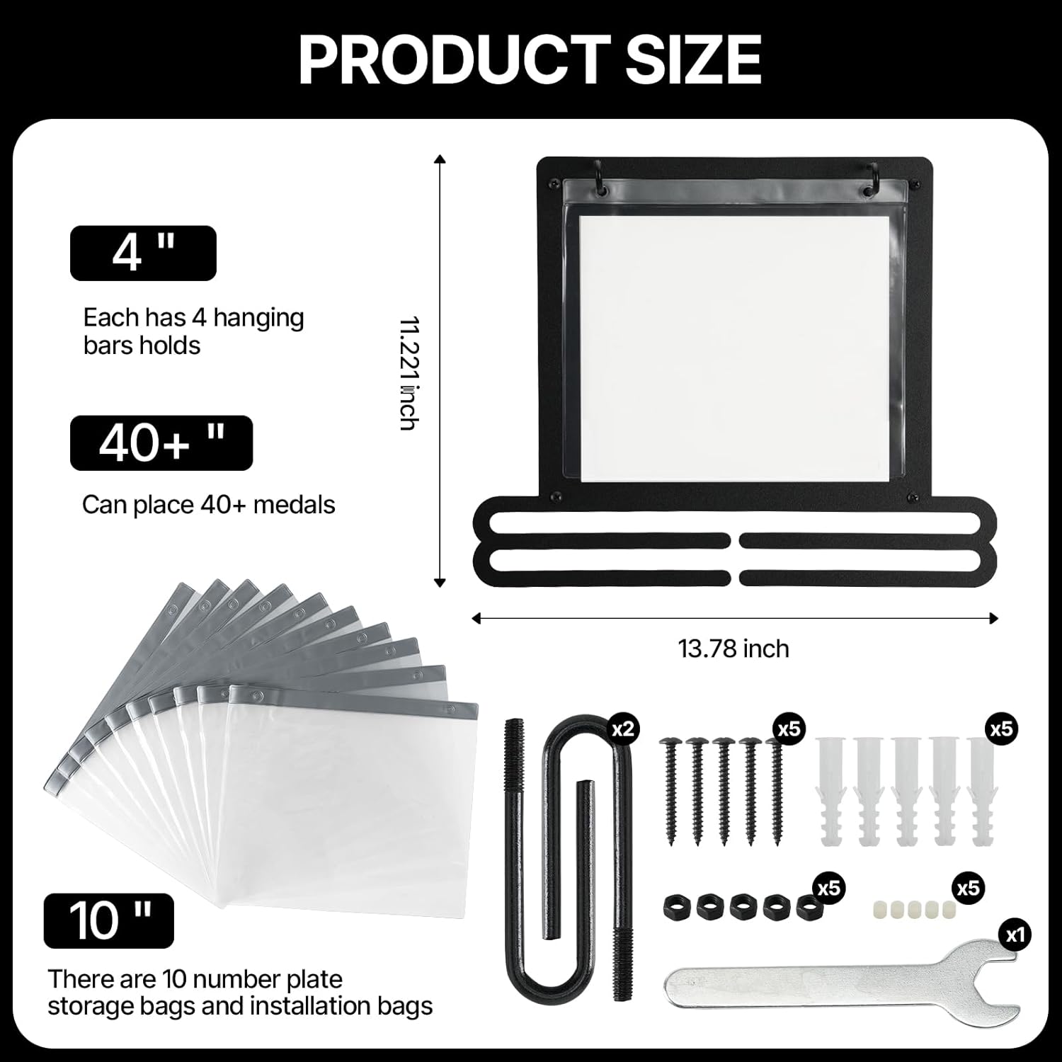 Race Medal and Bib Display Wall Mounted Rack, Heavy Duty Metal Hanger with 10 Clear Bib Holders, Holds 20 Bibs & 40 Medals, Gift for Runners Marathon Athletes