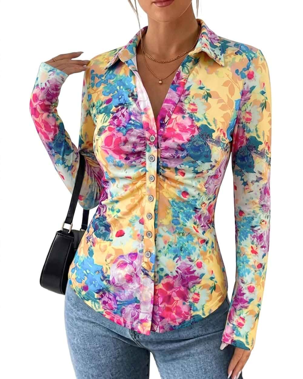 CHICME Mesh Button Down Shirts for Women Floral Boho Blouses Long Sleeve Shirts for Women, Lightweight Stretchy, Collared Shirts, Ruched Fitted Top, Going Out Tops, Fashion Clothing