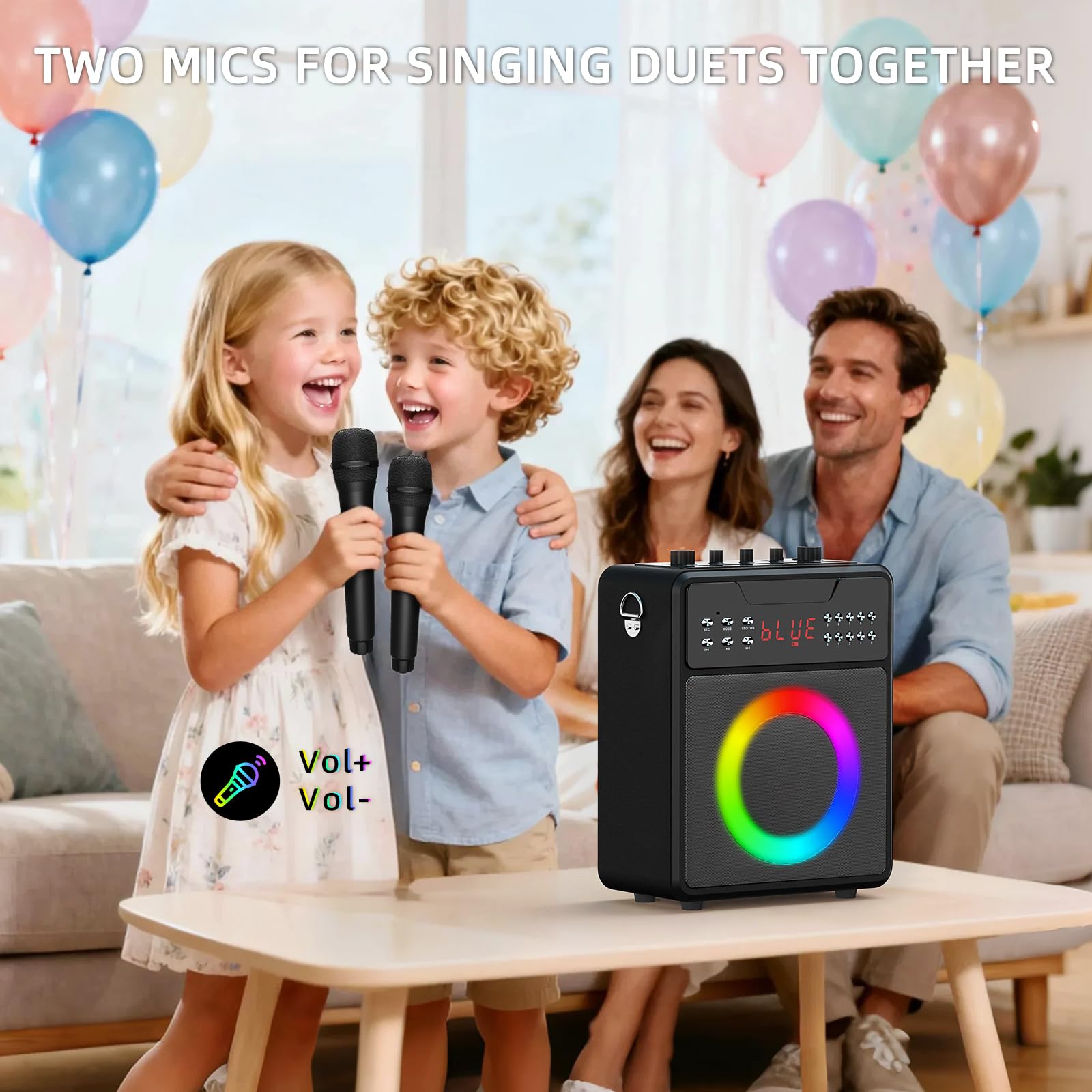 Máquina de karaoke para adultos y niños, máquina de karaoke portátil con 2 micrófonos inalámbricos, altavoz de karaoke con luces LED, soporta USB, entrada auxiliar, tarjeta TF para fiestas en casa y