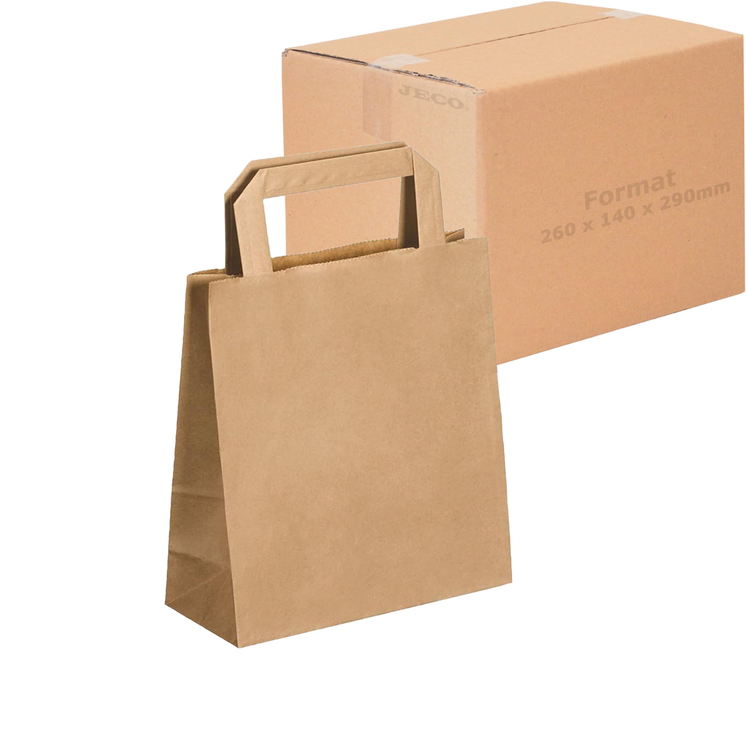 JeCo - Lot de 250 Sacs Cabas en Papier Kraft Brun avec poignée Plate 26 x 14 x 29cm 10 litres résistant Papier 80g/m² Sac Marron Havane Vente à emporter Emballage Commerce Sac Cadeau