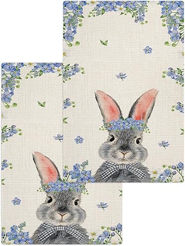 Miniatura 1 de Juego de 2 toallas de cocina de tejido de punto gofre de algodón, conejos de Pascua y flores azules primaverales, 16 x 24 pulgadas, absorbentes, de