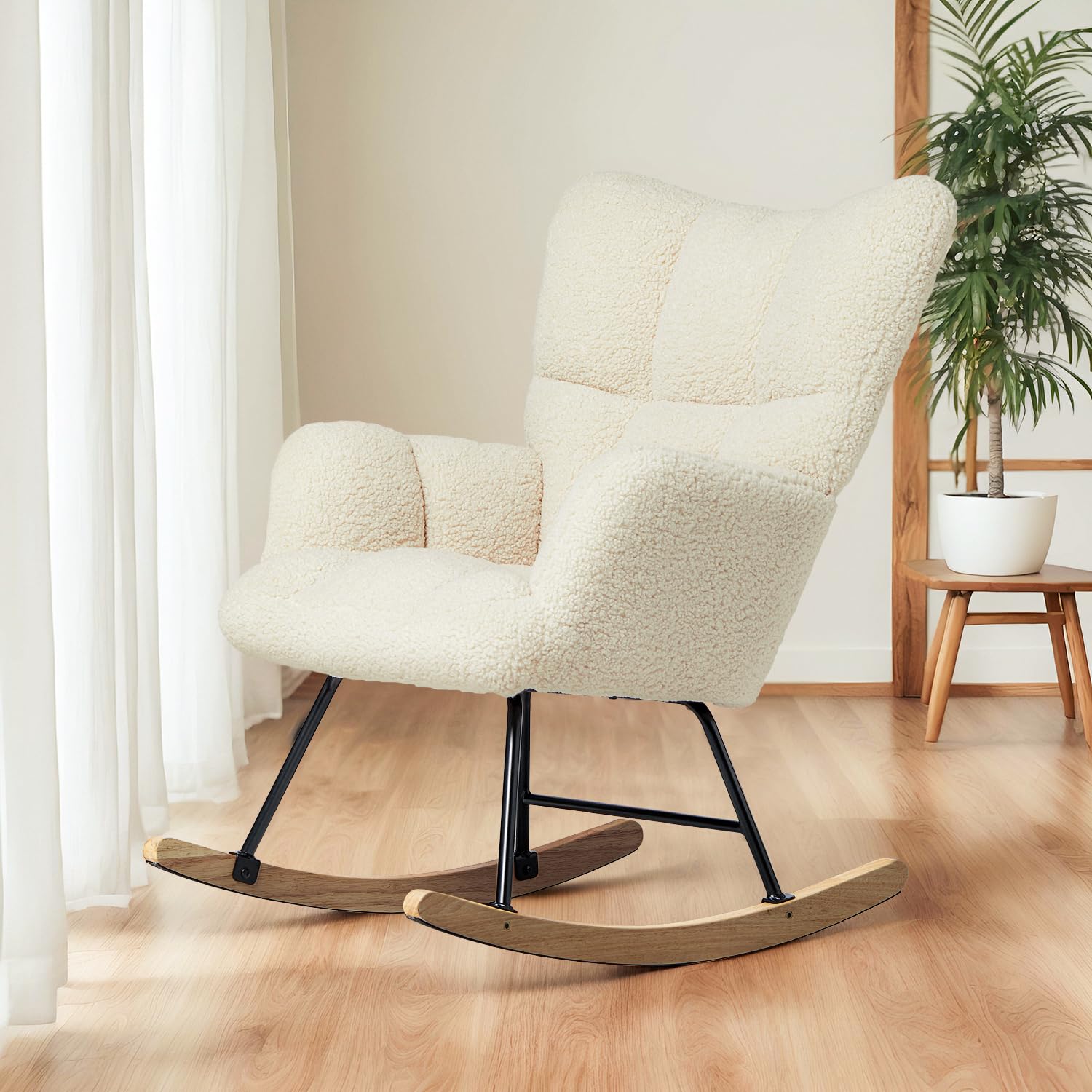 Schaukelstuhl mit weichem Lammfellimitat Beiger Relaxstuhl im Skandi-Stil gepolstert & ergonomisch ideal fürs Wohnzimmer Schlafzimmer