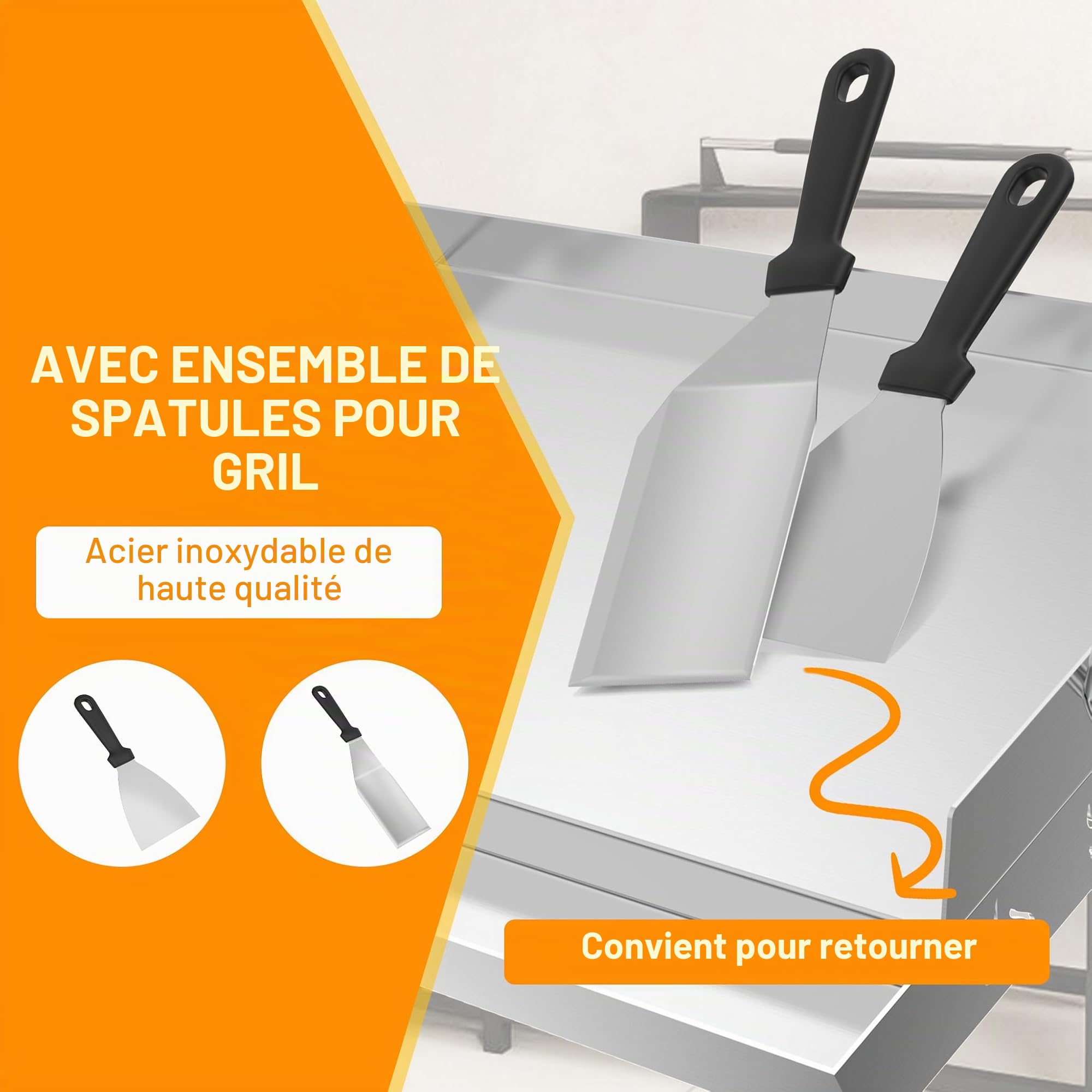 FIVMEN Plancha universelle en acier inoxydable - 61 x 41 cm - Avec 2 spatules et poignées