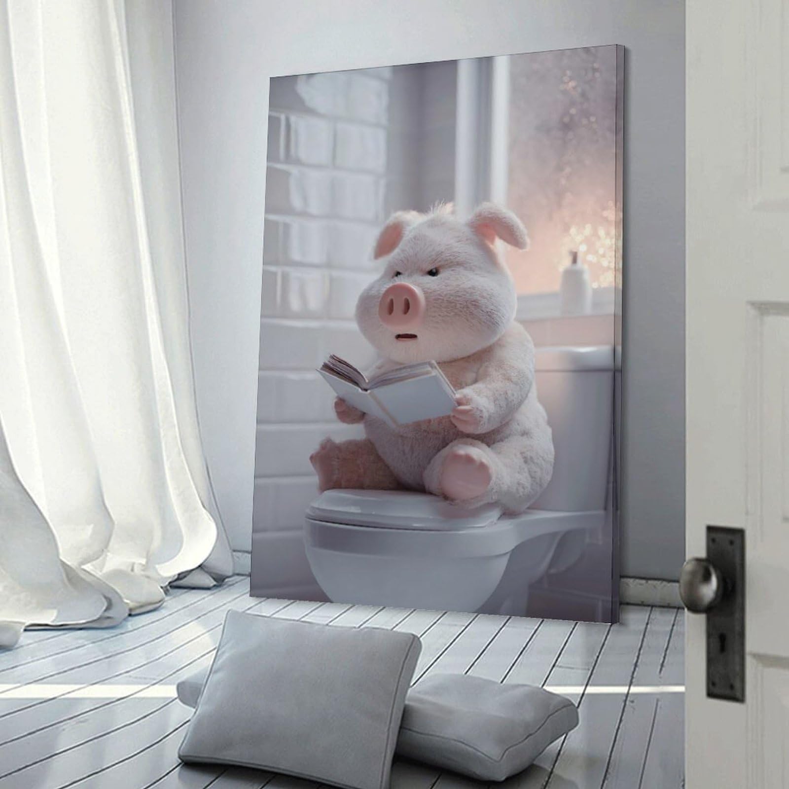 Junmoney Decorative Wall Artwork Pig Reading on Toilet Poster, Picture, Metal Print, Paint by Creed, 24x36inch(60x90cm), for Lounge, Bedroom Or Personal Spaces, Thoughtful Wall Decor for Art Lovers