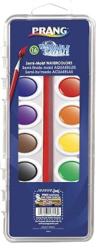 Prang Washable Semi-Moist Watercolors Oval Pan Set with Size 6 Paintbrush, Non-Refillable, 16 Assorted Colors, Pack of 1