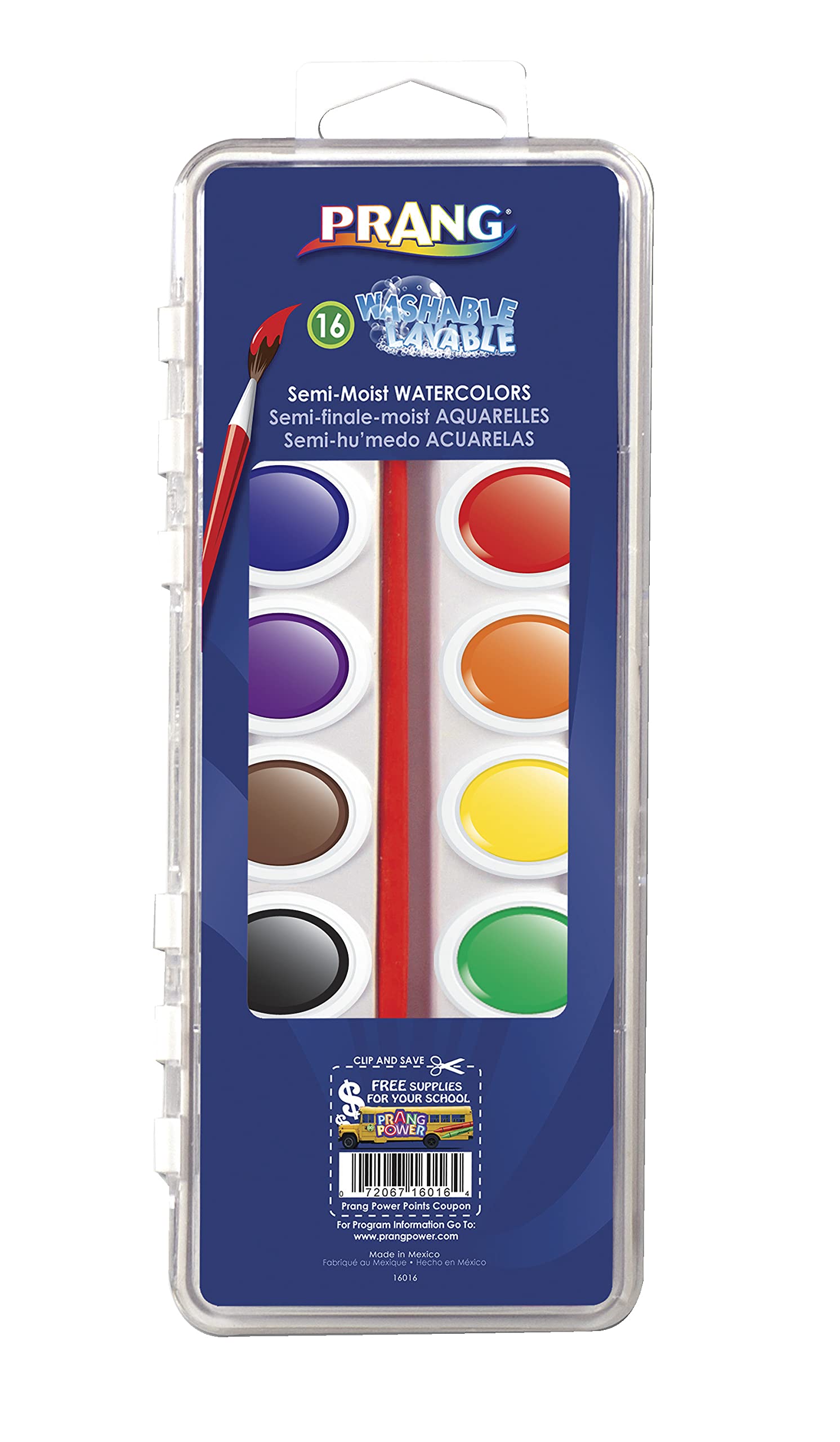 Prang Washable Semi-Moist 16 Classic Colors with 1 Brush with Shaped Pans Provide 41% More Paint