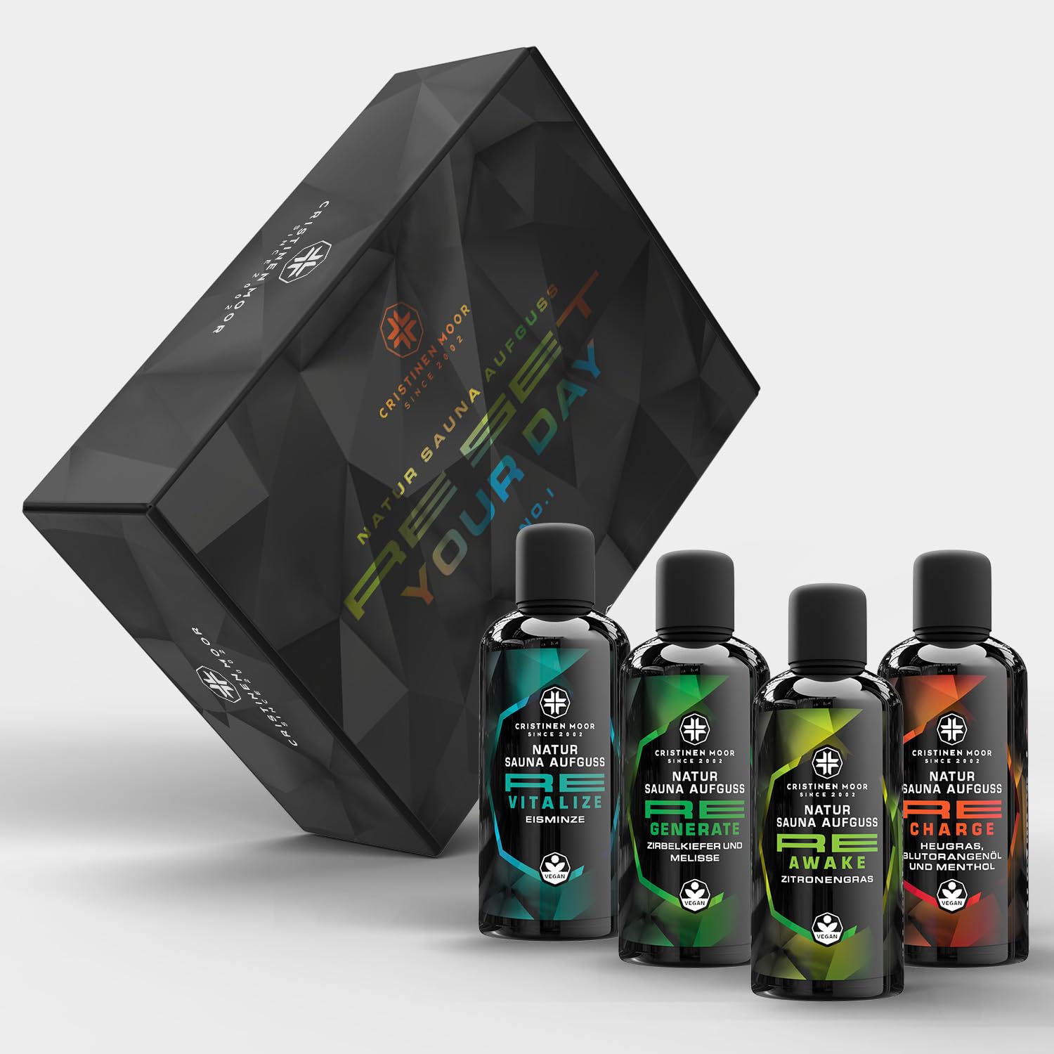 Saunaaufguss Re Collection Set 1 - Re Awake, Re Charge, Re Generate, Re Vitalize 4x100 ml - CristinenMoor Natursaunadüfte ohne synthetische Duftstoffe in edler Umverpackung