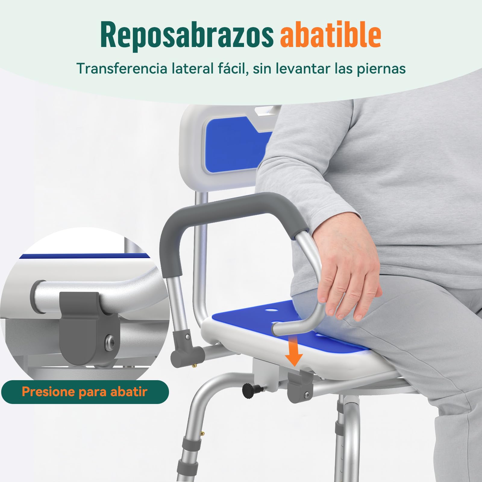 Silla de Ducha Giratoria 360° – Silla de Ducha Ajustable con Respaldo y Reposabrazos Abatibles, Taburete de Ducha Antideslizante de Aluminio para Mayores y Personas con Movilidad Reducida