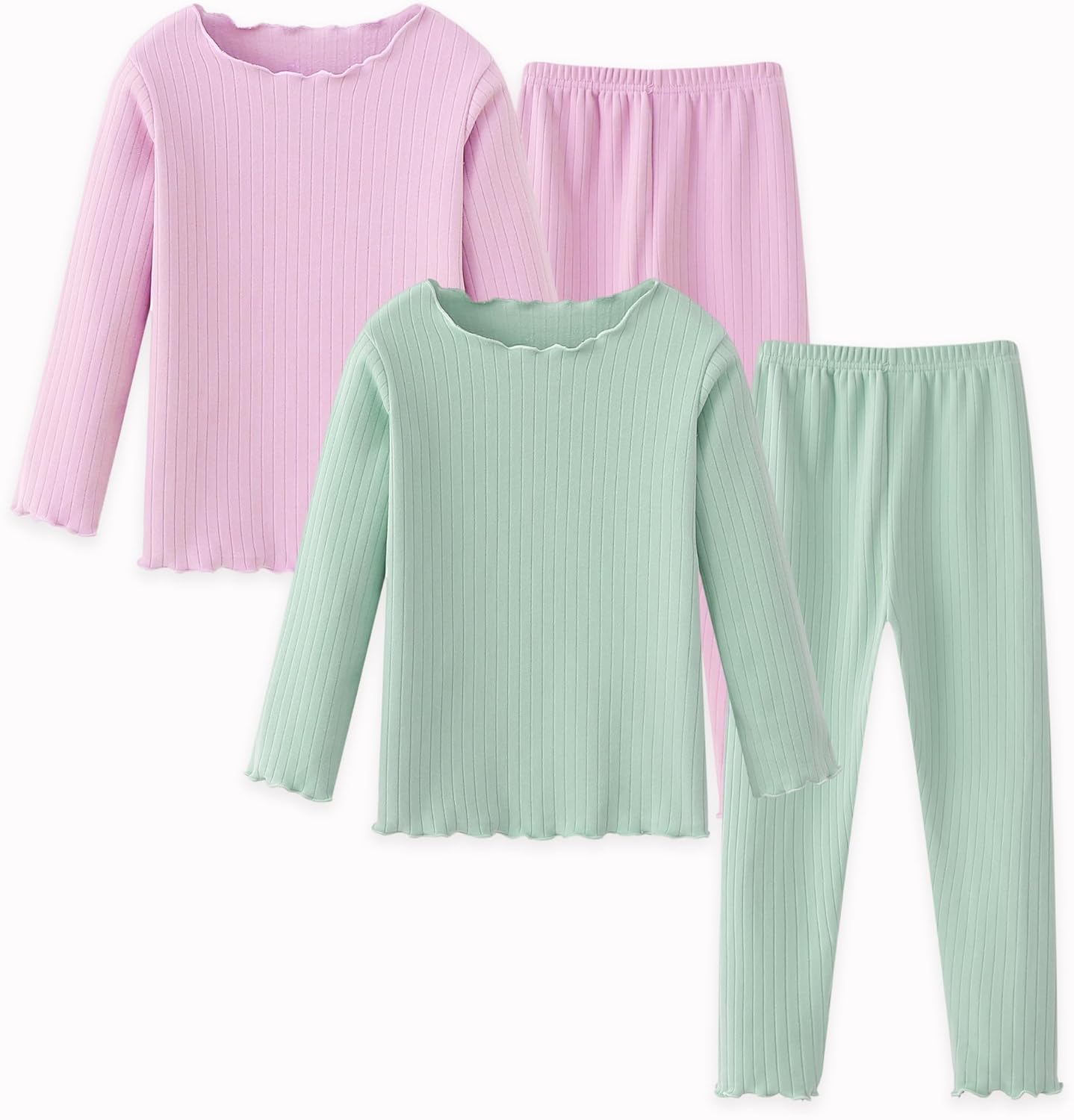 Girls Thermal Underwear Set Girls' Ruffle Trim Fall Base Layer Apparel Set Winter Top and Long pants for 3-8Y Pink/Green 4T / 5T