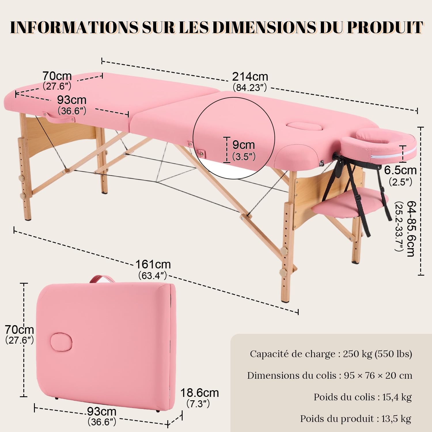 kidol&shellder Lit de Massage 70cm, Pliable Portable, 250kg capacité, 9cm Rembourrage PU, Sac de Transport, Appui-tête Amovible, Rose