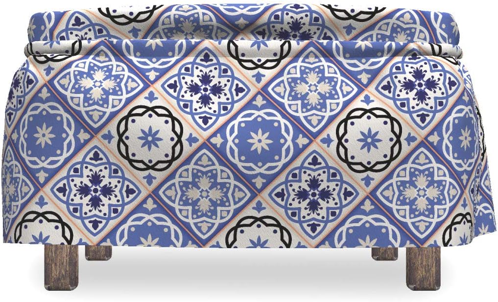 Ambesonne Moroccan Ottoman Cover, Geometric Azulejo Design, 2 Piece Slipcover Set with Ruffle Skirt for Square Round Cube Footstool Decorative Home Accent, Standard Size, Violet Blue Black and Cream