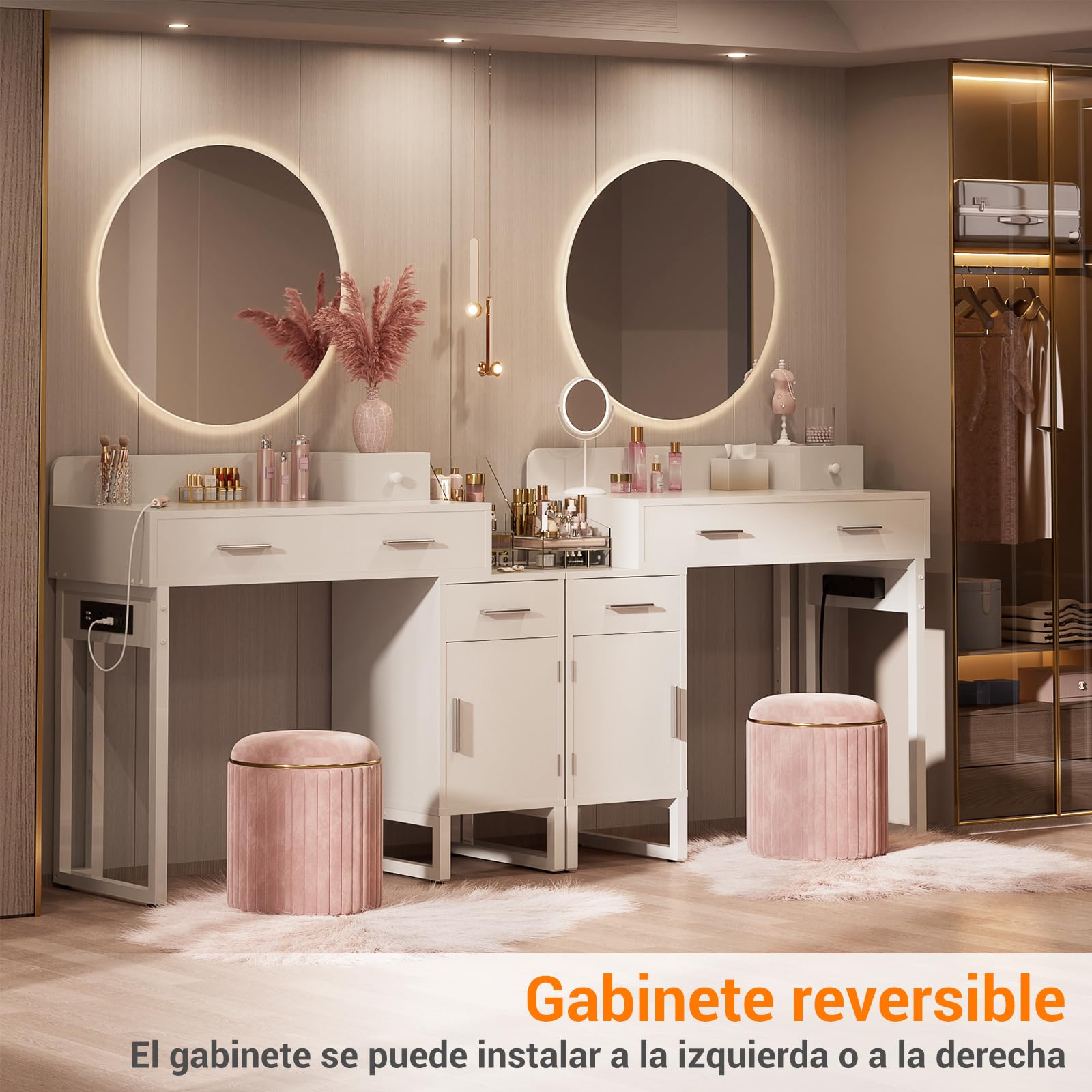 iSunirm Tocador de Maquillaje Moderno con 4 Cajones, Mesa Tocador Blanca con Mueble Reversible, Vanity de Maquillaje para Dormitorio, 90x40x76 cm