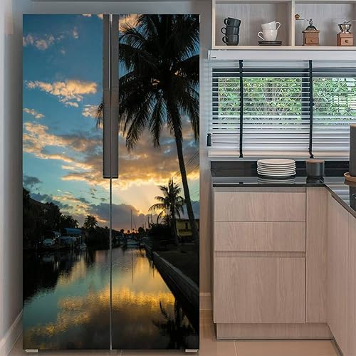 Miniatura 2 de Self Adhesive Vinyl Refrigerator Wrap Set Canal Sunset Door Mural Removable Fridge Sticker Peel and Stick Full Door Cover Decal Minimalist Kitchen