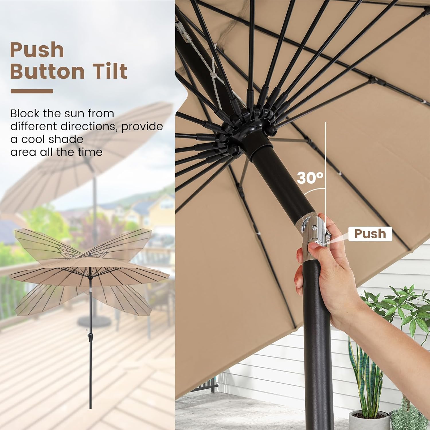 HAPPYGRILL 9FT Round Patio Umbrella Outdoor Market Umbrella with Push Button Tilt, Crank Handle, Vented Top, Aluminum Pole, 18 Heavy-Duty Fiberglass Rods, Table Umbrella for Poolside Deck
