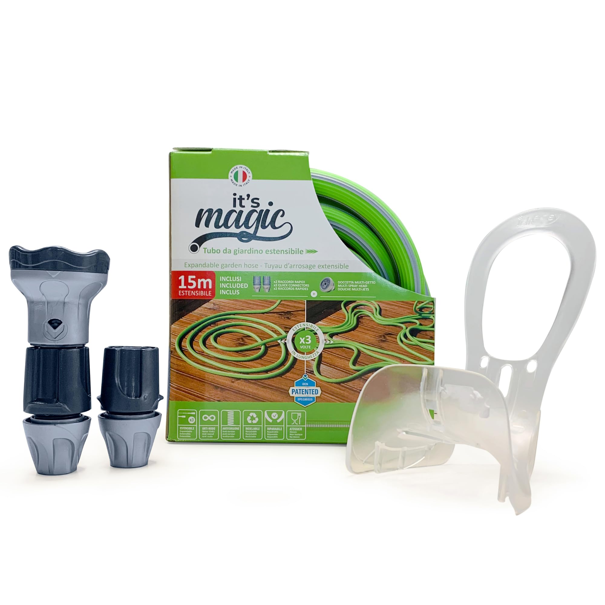 Idroeasy Expanding Magic Hose Kit 15 Metre High Water Flow 19mm Diameter, No Kinks, No Leaks, No Tangles, No Fabric, Includes Multi Spray Head and 2X Connectors and Free Storage Hook Made in Italy