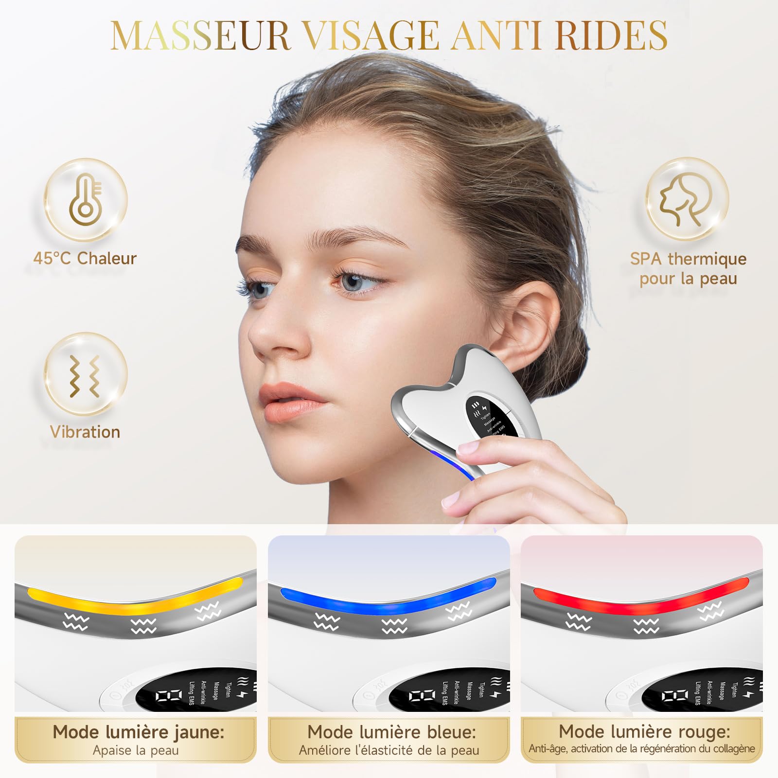 Profey Gua Sha EMS - Appareil de Massage Visage avec Chaleur 45℃, Vibration, Lifting EMS 9 Niveaux, 4 Modes, LED Bleu/Jaune/Rouge - Anti-Vieillissement et Anti-Rides