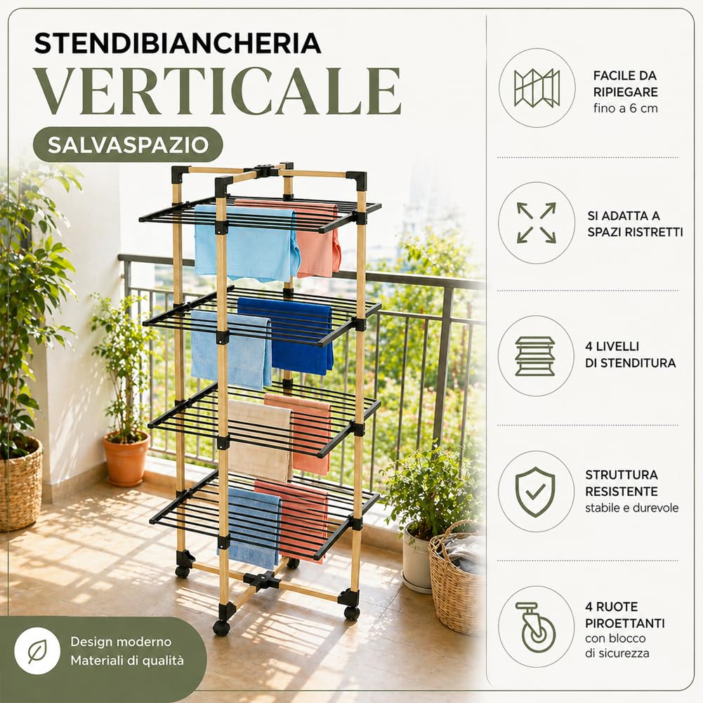 BAKAJI Stendibiancheria a Torre Pieghevole con Chiusura Salvaspazio, Stendino con Ruote Verticale Multilivello per Asciugatura Omogenea, Struttura Resistente e Stabile Effetto Legno (4 Ripiani)