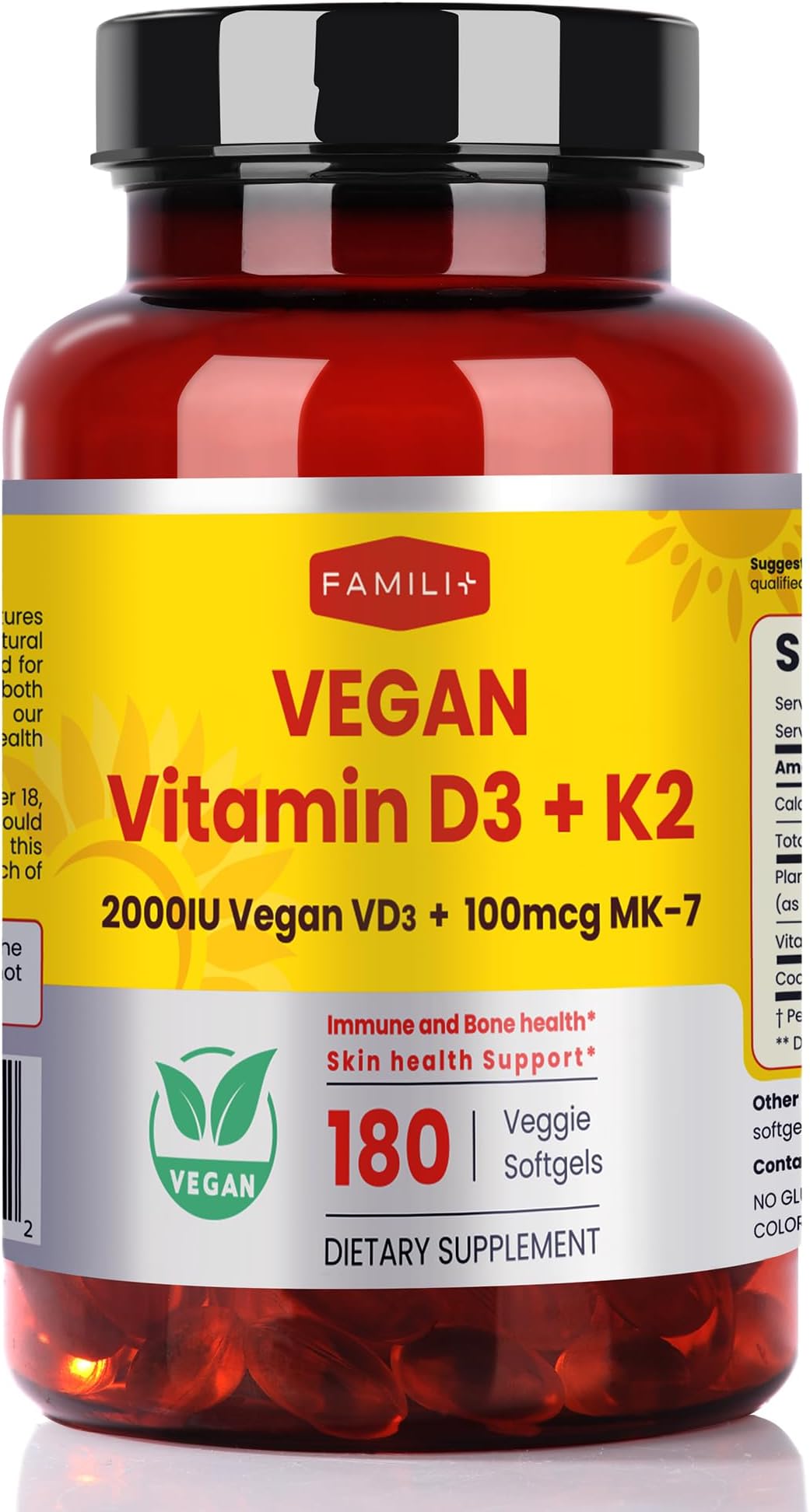 180 Days Vegan Vitamin D3+K2 Softgel with Coconut MCT Oil | 2000IU Plant Source Vitamin D3 + 100 mcg Vitamin K2 MK-7 | for Bone, Muscel, Immune, Teeth & Heart Health | 100% Vegan no-Gelatin