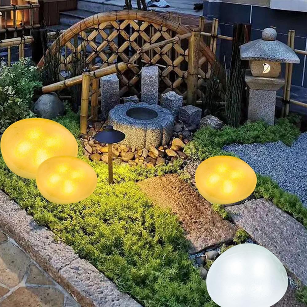 Solar Small Garden Lights Outdoor Glow Cobblestone Shape Lamp Garden Decor Waterproof Landscape Night Lights for Garden Paths, Stairs, Lawns, Patios, Yard, 4 Pack (Warm White)