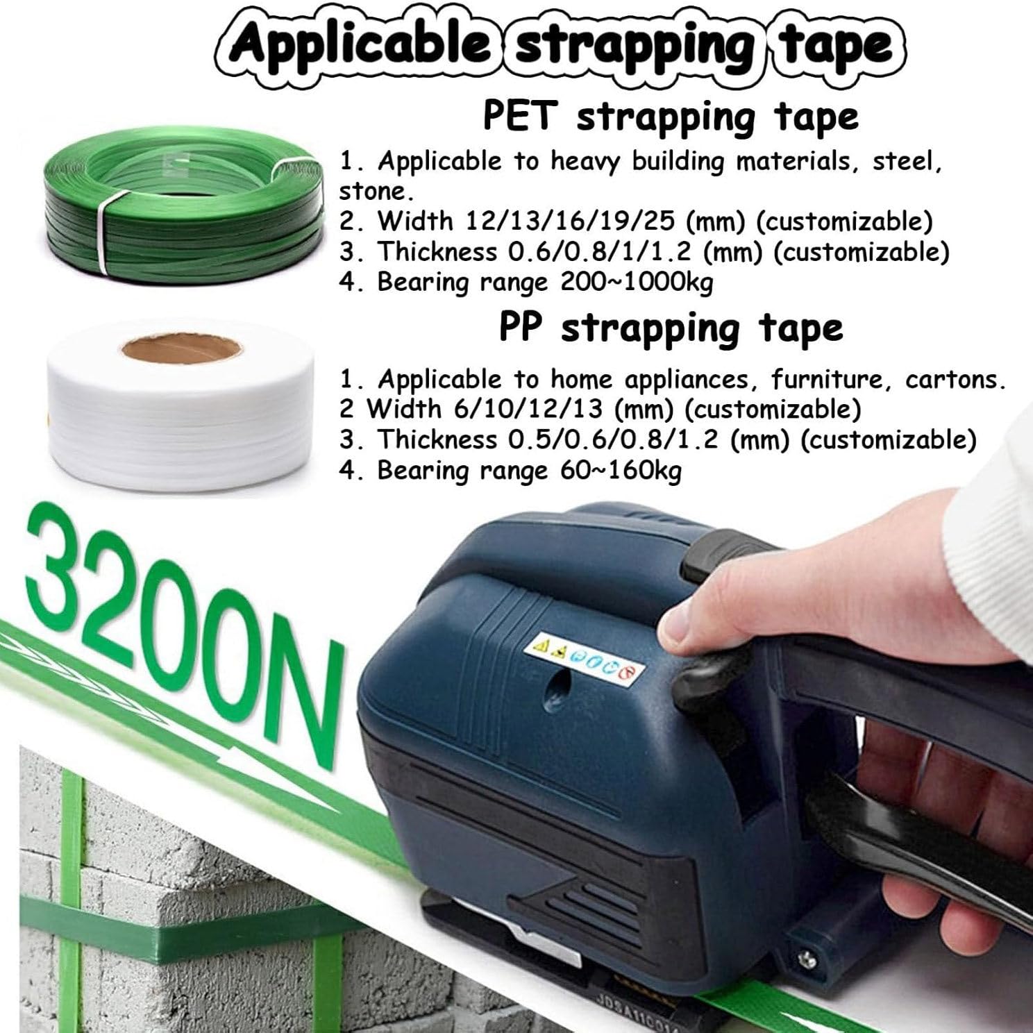 Cercleuse électrique pour feuillards PP-Pet de 11 à 16 cm, Portable avec Affichage numérique, alimentée par Batterie 4000 mAh, Automatique pour palettes, 1 Batterie