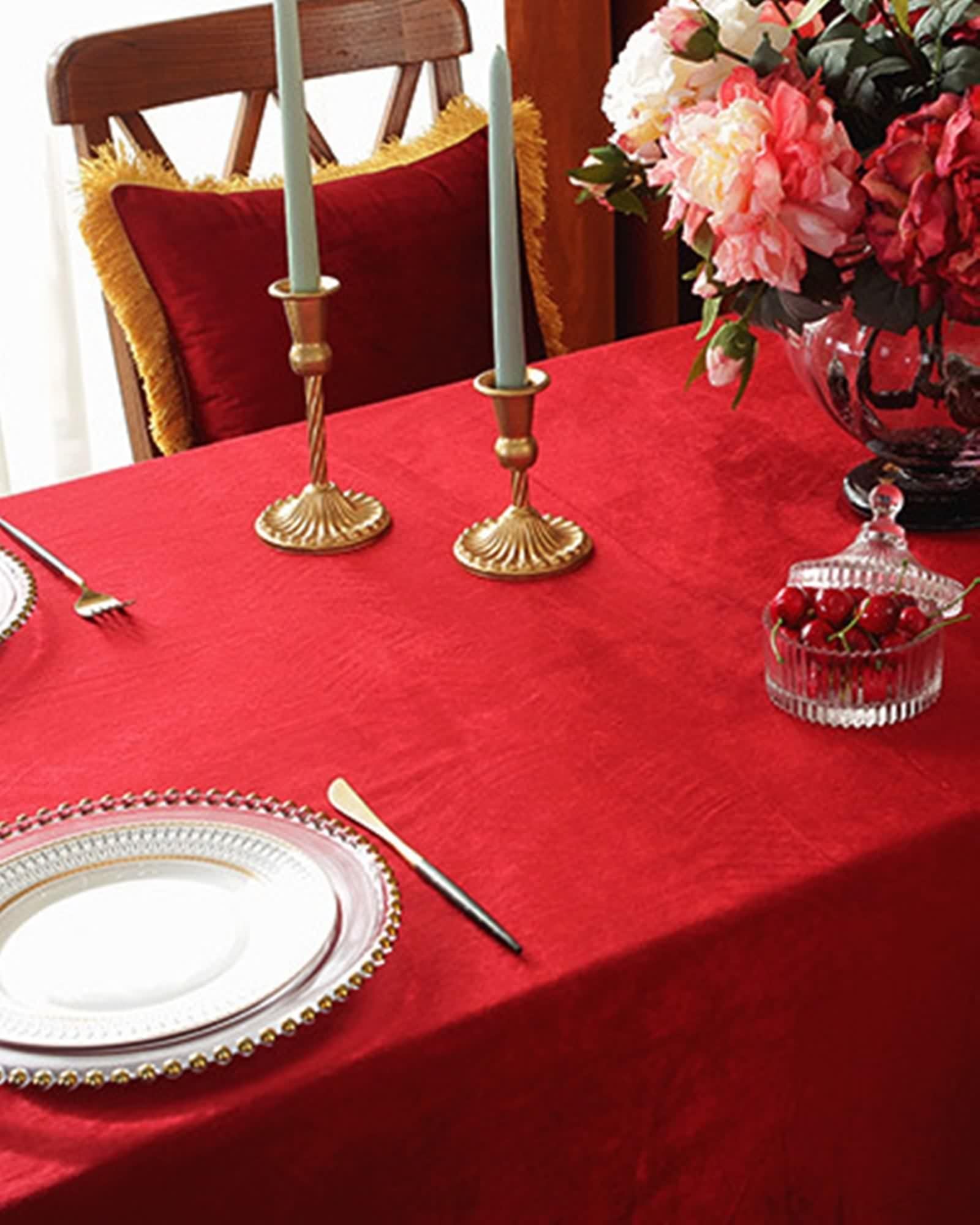 Tischdecke Rot Polyester, Tischdecke Klein Samt mit Quaste Tischtuch 140X160CM für Küche Wohnzimmer Esszimmer