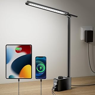 Desk Lamp with USB Charging Port, Led Desk Lamp Foldable with 18W PD Fast Charging Function, Eye-Caring Table Lamp Dimmable Desk Light with Clock Study Desk Lamp for Student Office