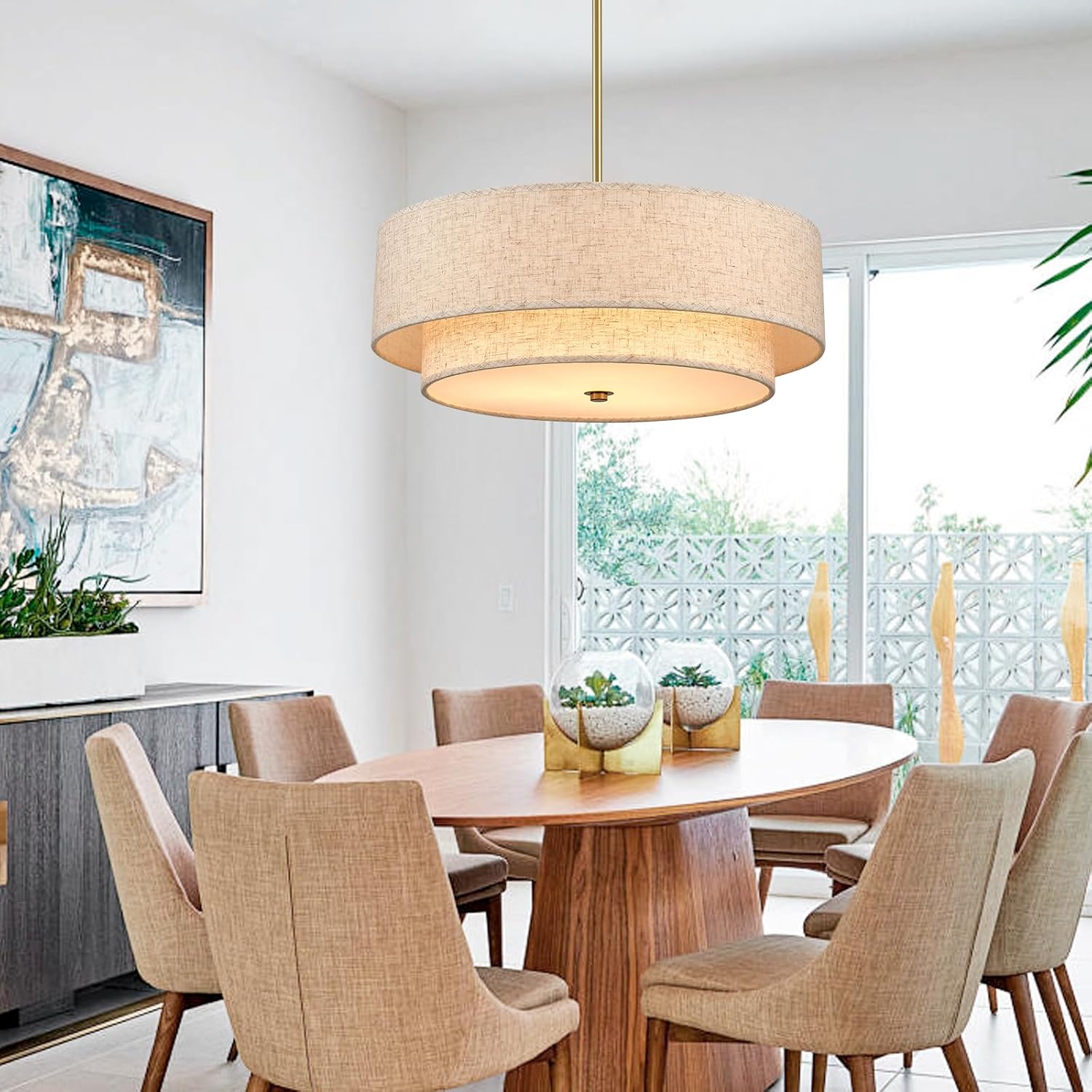 gold modern chandelier 18'' drum pendant light with fabric lampshade hanging light fixture 3-light