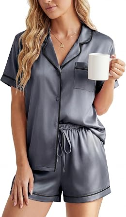 LYANER Womens Satin Pajamas for Women Silk 2 Piece Pj Sets Short Sleeve Button Down Loungewear