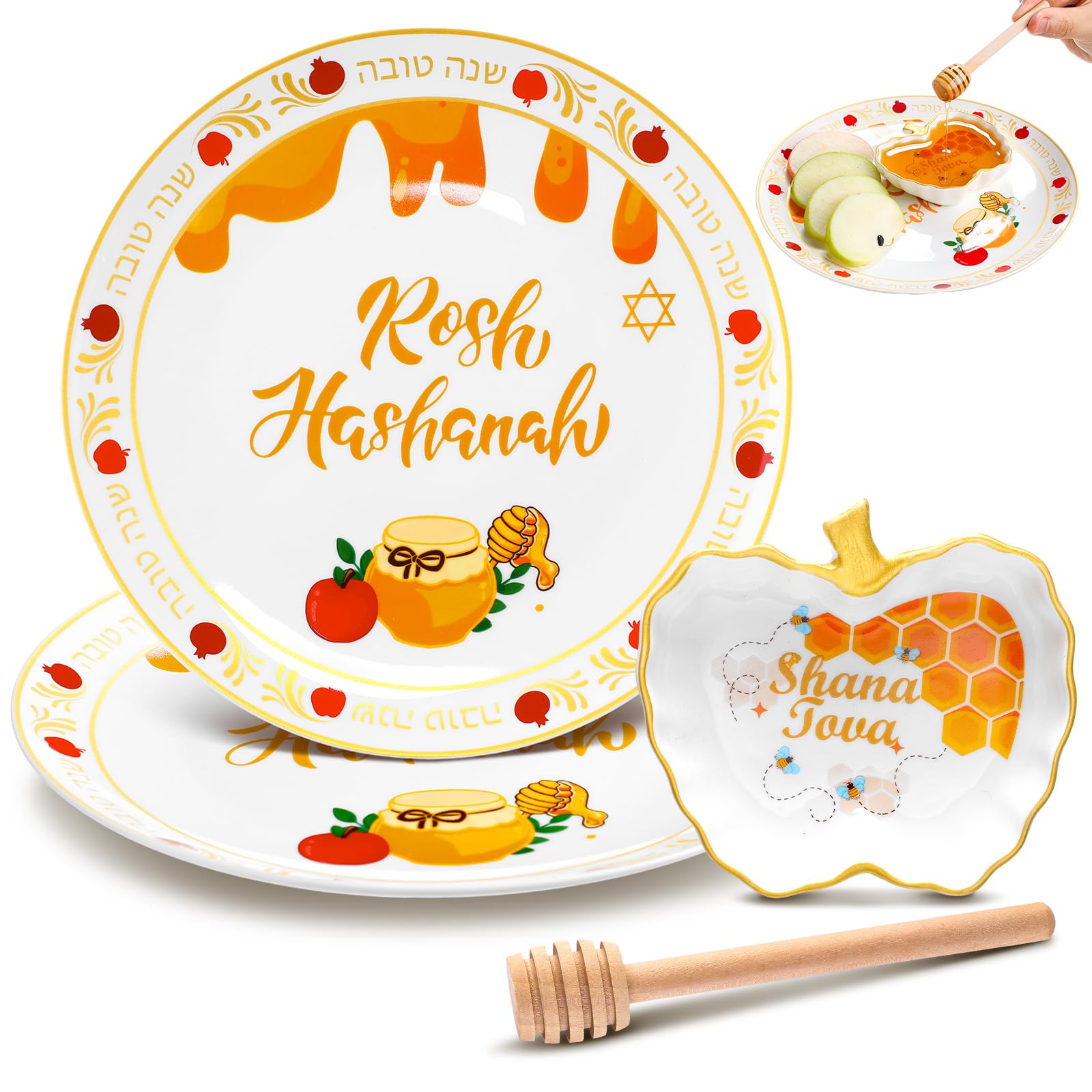 3 Pcs Rosh Hashanah Ceramic Honey Dish Set Shana Tova Ceramic Apple and Honey Plate with Dish Wooden Dipper Jewish New Year Hostess Party Favors Kitchen Accessories Holiday Present Table Decorations