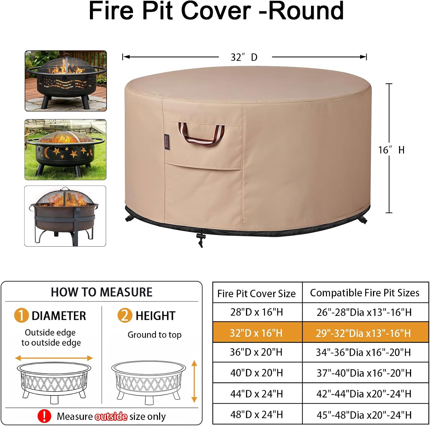 QH.HOME Fire Pit Cover Round 32", 900D Heavy Duty Fabric 100% Waterproof image 2