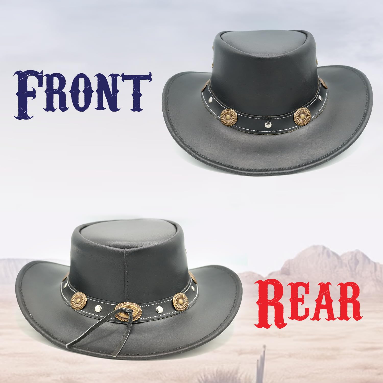 Equine Care Cappello da cowboy in pelle nera (L 58-59 cm) per uomini e donne - Cappello Western Outback in vera pelle bovina spaccata con tesa modellabile da 2,7 ″, banda concho decorativa, cappello
