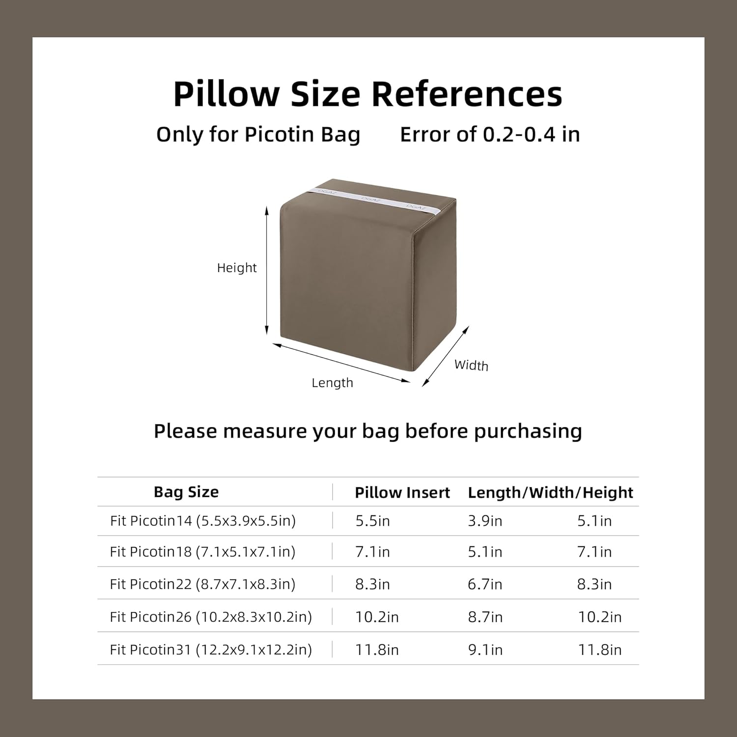 DGAZ Purse Pillow Shaper Insert For picotin Bags,Luxury Handbag Tote Shapers, Memory Foam(Etoupe Grey,PC18)