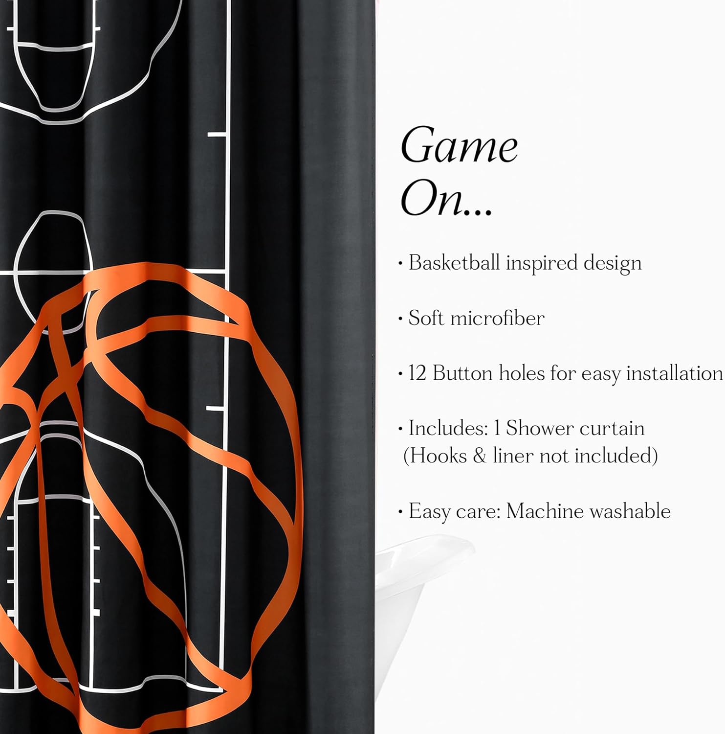 Lush Decor Basketball Game Shower Curtain, 72" W x 72" L, Black & Orange - Kids Sports Themed Bathroom Decor