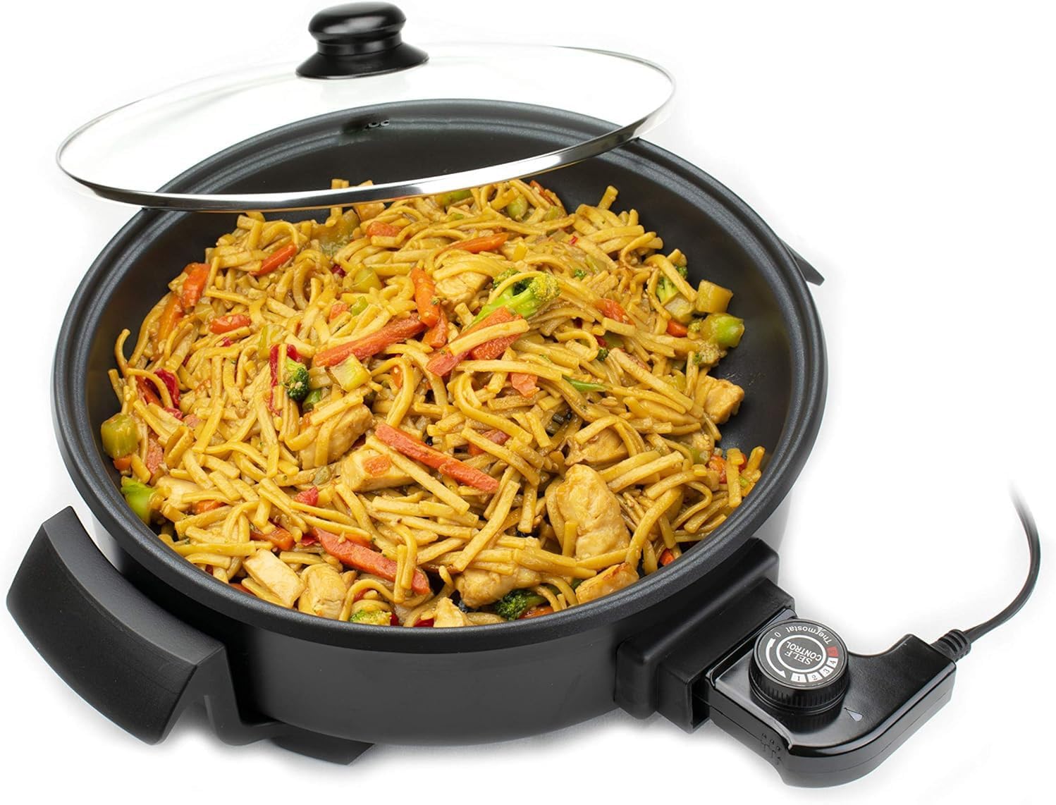 12-Inch Non-Stick Electric Skillet with Adjustable Temperature, Vented Glass Lid & Removable Thermostat – 1400W Round Skillet for Stir Fry in Black