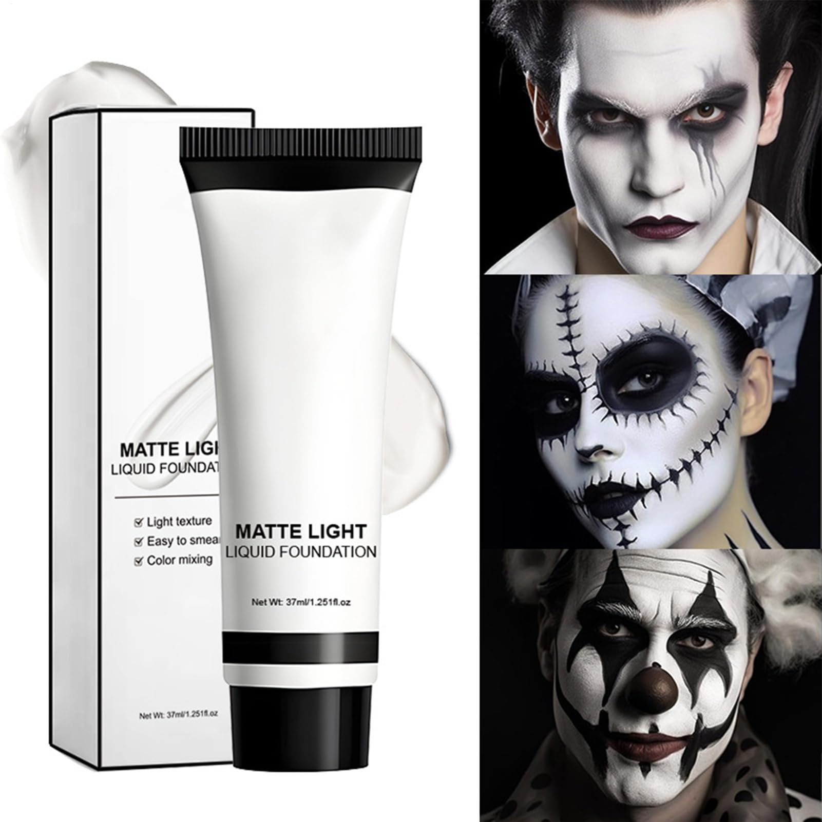 White Makeup - Liquid Foundation Makeup,37ml Portable Matte Foundation Liquid for Adults Children Stage Cosplay Party Halloween Christmas