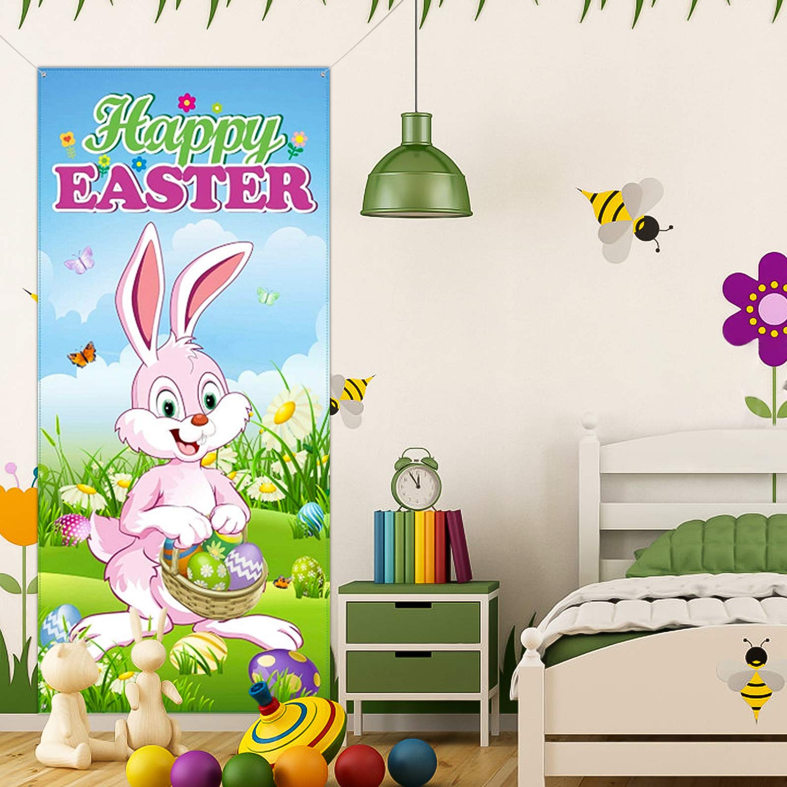 Bannière De Porte De Pâques, Happy Easter Bunny Couverture De Porte Bannière Pour Pâques Décoration, Pâques Photo Toile Fond En Tissu Pour Pâques Extérieur Activités Décoration