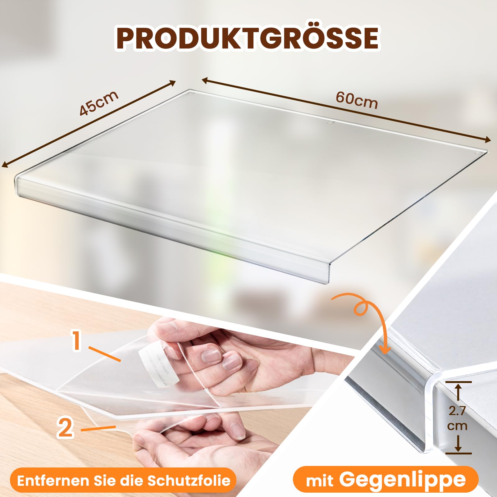 Gracenal Acryl Schneidebrett, Cutting Board, Großes Schneidbrett Rutschfest mit Lippe, Schneidebrett Glas Arbeitsplatte Küche Durchsichtig, Geschenk Küche Küchenutensilien, Küchen Gadgets, 60x45cm