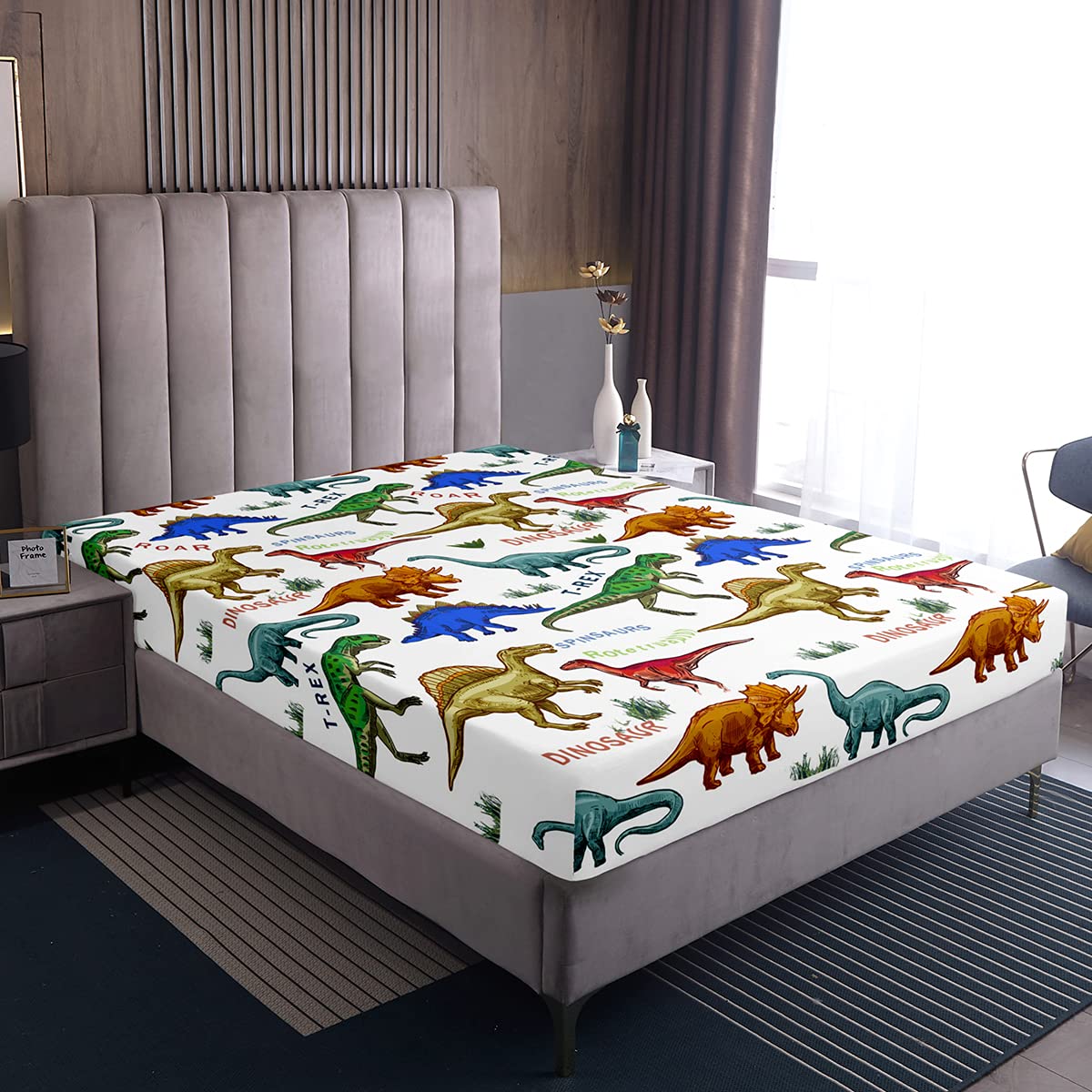 Loussiesd Dinosaur World Fitted Sheet 100% Microfiber Breathable Junior/Toddler/Cot Only Bedsheet No Pillowcases Fitted Sheets Luxury Single Size(90 x 190+30cm)