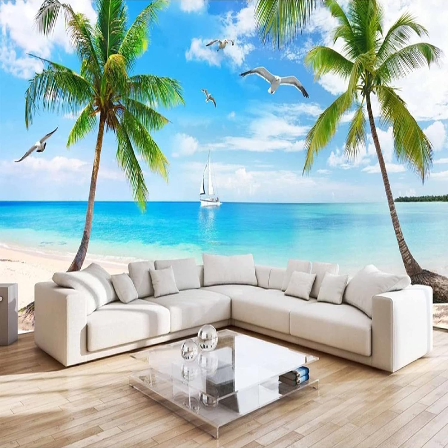 Papier peint autocollant paysage de plage 3D | Rénovation murale facile salon