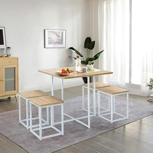 Miniatura 2 de Giantex Juego de mesa de comedor de 5 piezas juego de mesa de cocina industrial con 4 taburetes mesa cuadrada que ahorra espacio y sillas para