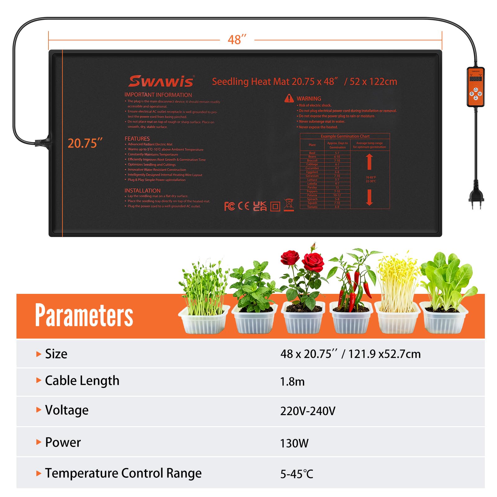 SWAWIS 130W 52.7X121.9cm Estera Calefactora para Plantas con Termostato, Rango de Control de Temperatura: 5-45 ℃, IP67, para Plántulas, Reptiles, Elaboración Casera de Cerveza(Integrado)