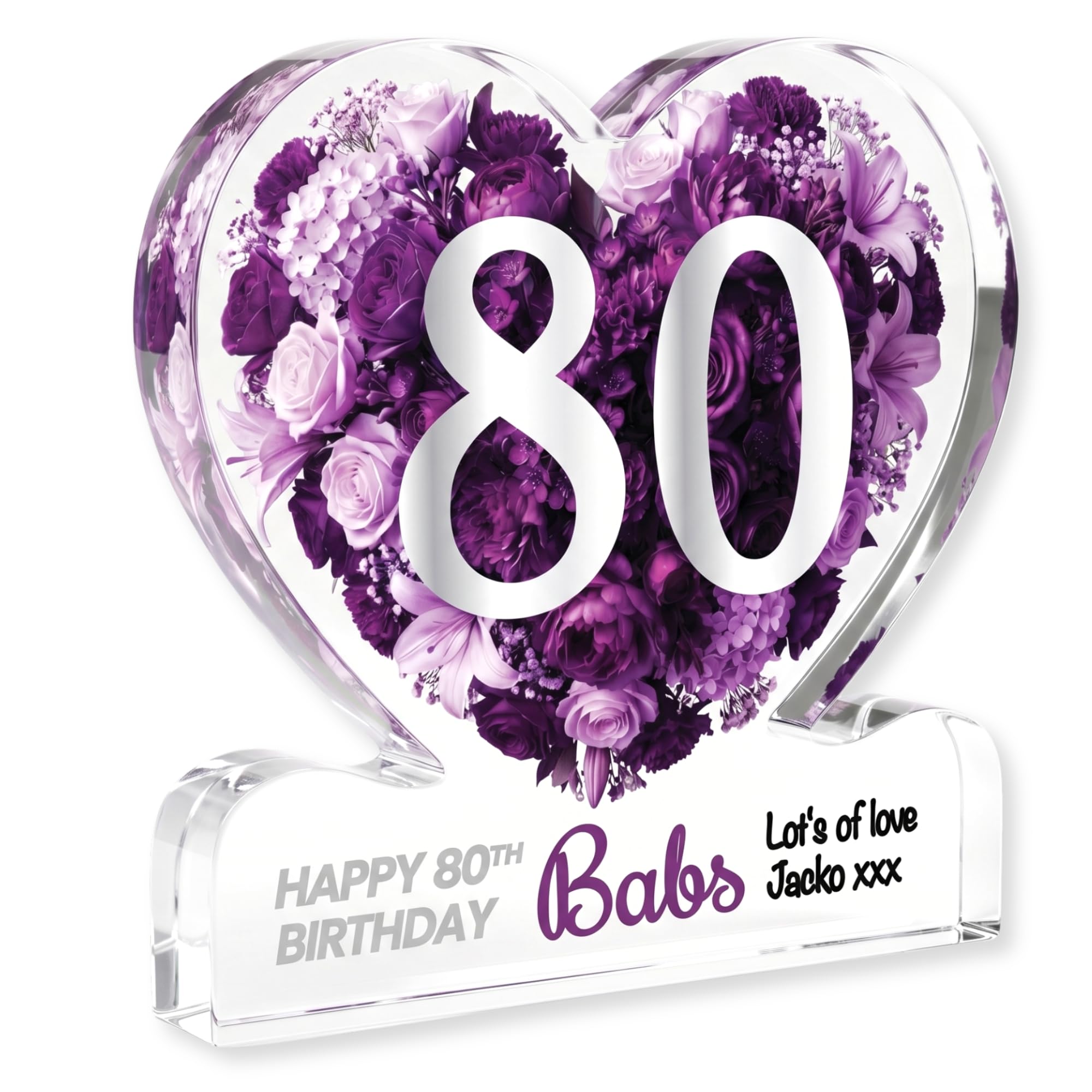 MyKeepsy Personalised 80th Birthday Plaque – Custom Name & Message Heart Acrylic Keepsake, Floral 80 Decoration Gift, 5 Colours (Royal Purple)