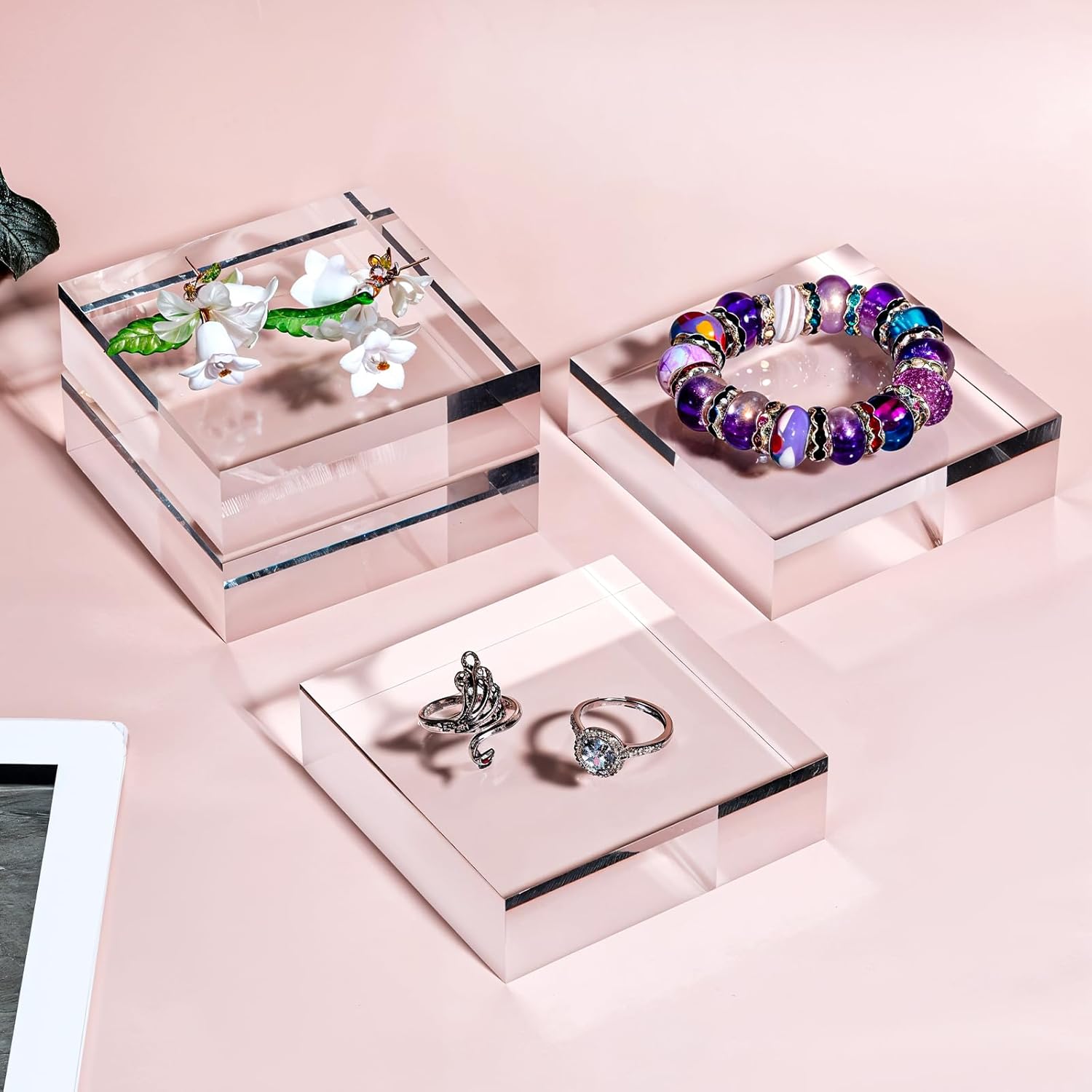 6 Packs Acrylic Square Display Block 3.15 x 3.15 inches Clear Polished Acrylic Square Display Cube, Solid Display Risers Stands Jewelry Display Pedestal Stand for Jewelry Ornaments Collection(3 Size)